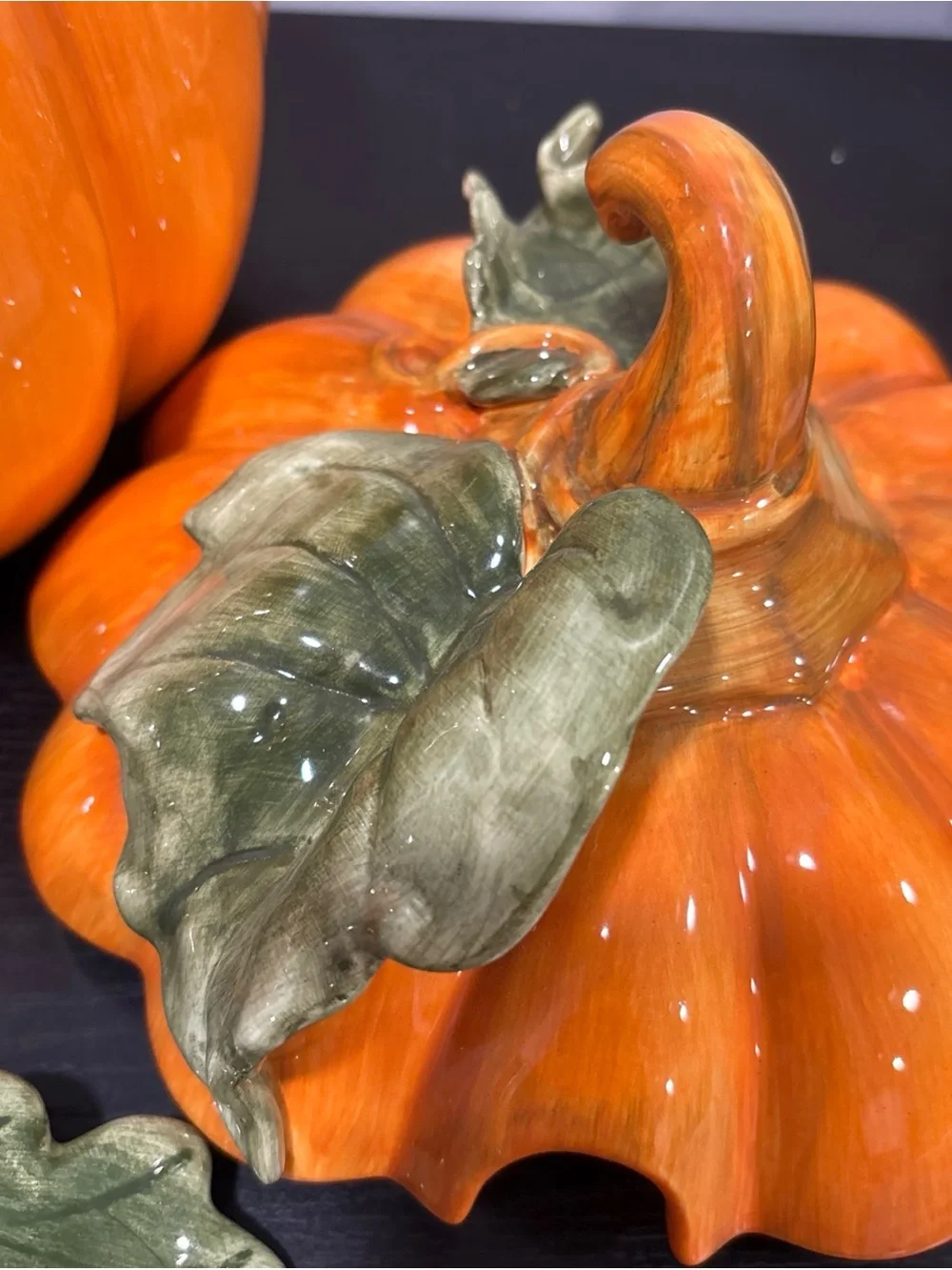 Pumpkin Ceramic Canister Leaf Lid soup turine ladel brand new Halloween holiday